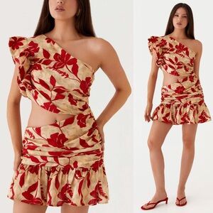 Peppermayo NWT Maisie Cut-out Ruched Linen Blend Mini Dress Red Floral Sz US 8